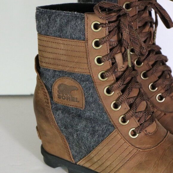 Sorel Lexie Wedge Felt Leather Ankle Boot 8 Brown Gray Lace Up Waterproof Winter - Picture 2 of 10